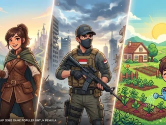 Kolase berbagai karakter yang mewakili genre game populer seperti RPG tembak-tembakan dan simulasi untuk panduan pemula.