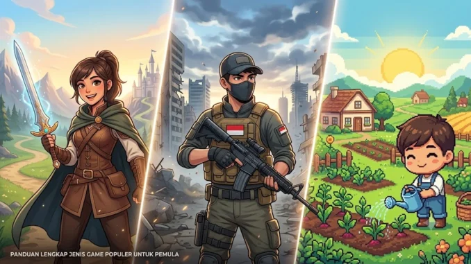Kolase berbagai karakter yang mewakili genre game populer seperti RPG tembak-tembakan dan simulasi untuk panduan pemula.